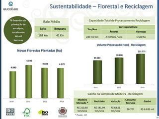 Sustentabilidade – Florestal e Reciclagem
76 fazendas de
plantação de
eucalipto,
totalizando
46 mil
hectares

Capacidade Total de Processamento Reciclagem

Raio Médio
Salto
168 km

Botucatu
41 Km

Ton/Ano
240 mil ton

Correspondência
Árvores

Florestas

2 milhões / ano

1.500 ha

Volume Processado (ton) - Reciclagem

Novas Florestas Plantadas (ha)

113.773
99.808
89.383

5.036

4.603

4.579

4.080

2011

2012

2013

Ganho na Compra de Madeira - Reciclagem
2010

2011

2012

2013

Madeira
Mercado *

Reciclado

Variação

Consumo
Ton Seca

Ganho

R$ 210,60
ton/seca

R$ 141,99
ton/seca

R$ 68,61
ton/seca

96.707

R$ 6.635 mil

* Picada - CIF
16

 