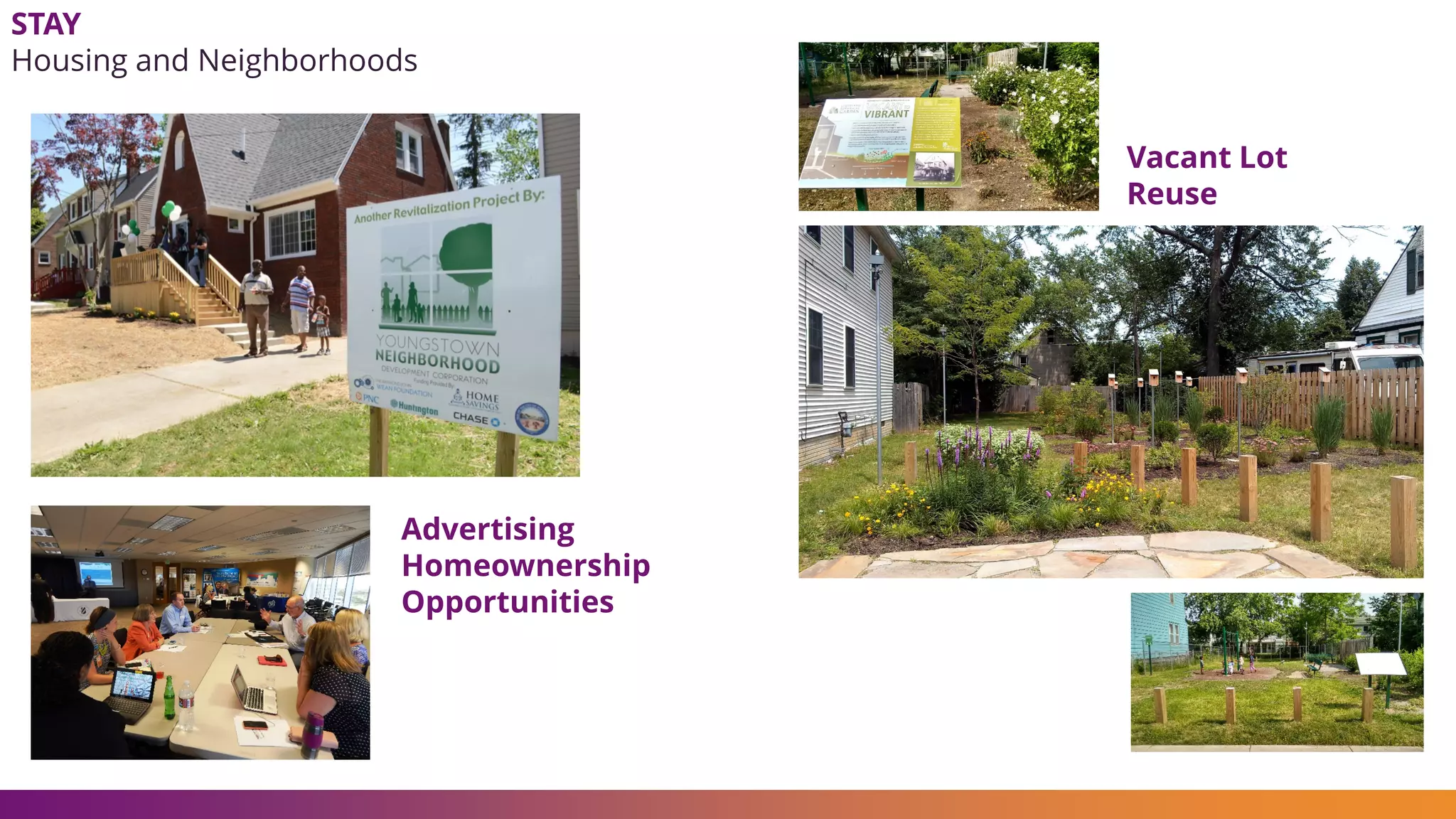 STAY
Housing and Neighborhoods
Advertising
Homeownership
Opportunities
Vacant Lot
Reuse
 