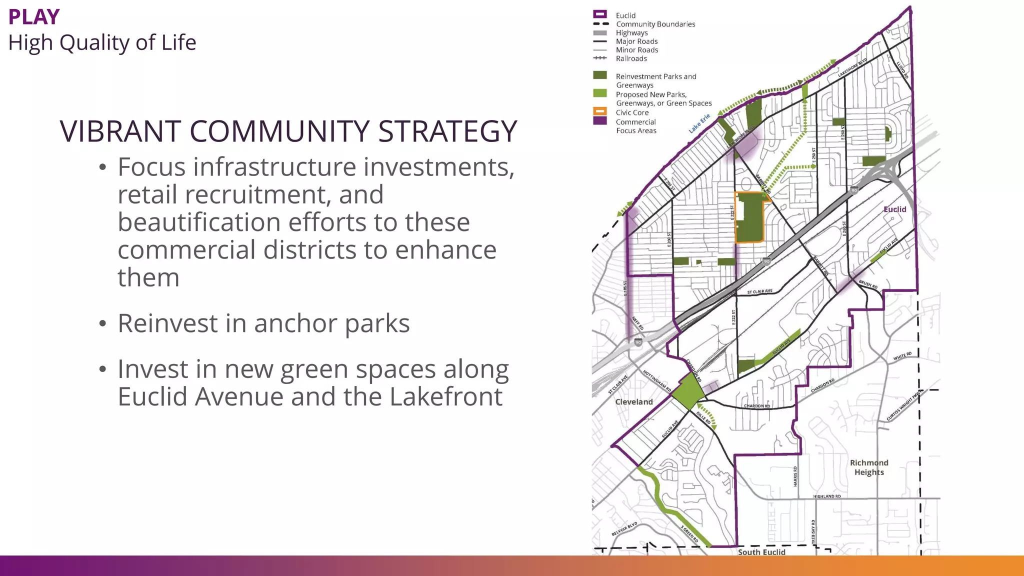 VIBRANT COMMUNITY STRATEGY
• Focus infrastructure investments,
retail recruitment, and
beautification efforts to these
commercial districts to enhance
them
• Reinvest in anchor parks
• Invest in new green spaces along
Euclid Avenue and the Lakefront
PLAY
High Quality of Life
 
