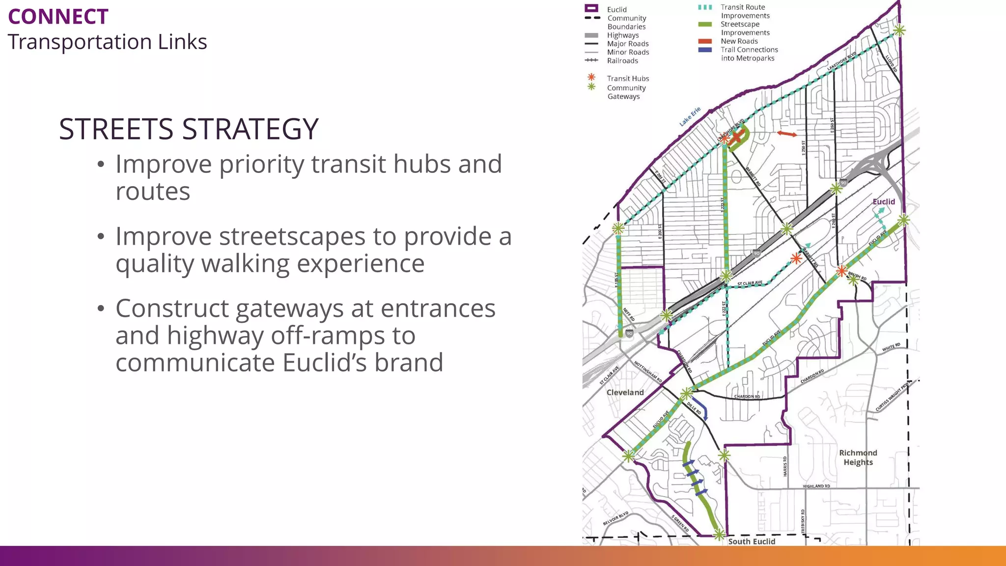 STREETS STRATEGY
• Improve priority transit hubs and
routes
• Improve streetscapes to provide a
quality walking experience
• Construct gateways at entrances
and highway off-ramps to
communicate Euclid’s brand
CONNECT
Transportation Links
 