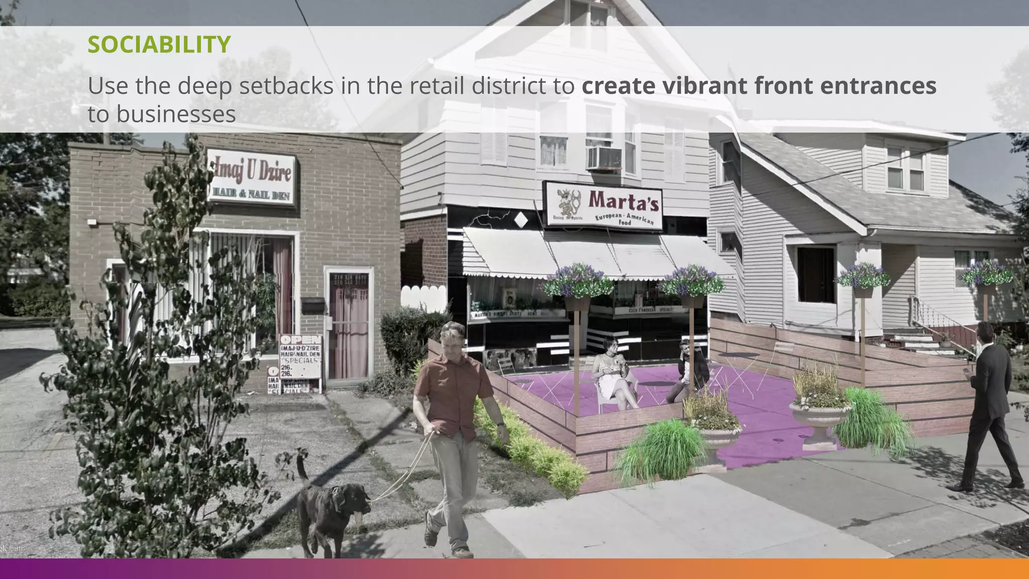 SOCIABILITY
Use the deep setbacks in the retail district to create vibrant front entrances
to businesses
 