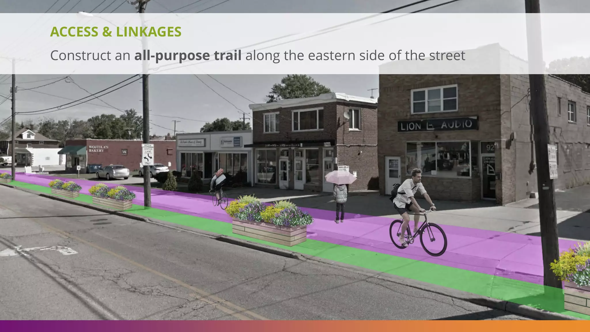 ACCESS & LINKAGES
Construct an all-purpose trail along the eastern side of the street
 