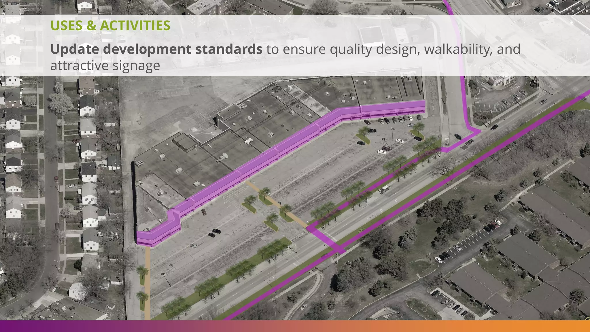 USES & ACTIVITIES
Update development standards to ensure quality design, walkability, and
attractive signage
 