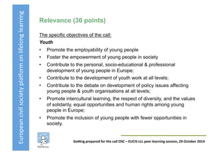 European	
  civil	
  society	
  pla3orm	
  on	
  lifelong	
  learning	
  
GeKng	
  prepared	
  for	
  the	
  call	
  OSC	
  –	
  EUCIS-­‐LLL	
  peer	
  learning	
  session,	
  24	
  October	
  2014	
  
Relevance (30 points)
The specific objectives of the call:
Youth
•  Promote the employability of young people
•  Foster the empowerment of young people in society
•  Contribute to the personal, socio-educational & professional
development of young people in Europe;
•  Contribute to the development of youth work at all levels;
•  Contribute to the debate on development of policy issues affecting
young people & youth organisations at all levels;
•  Promote intercultural learning, the respect of diversity, and the values
of solidarity, equal opportunities and human rights among young
people in Europe;
•  Promote the inclusion of young people with fewer opportunities in
society.
 