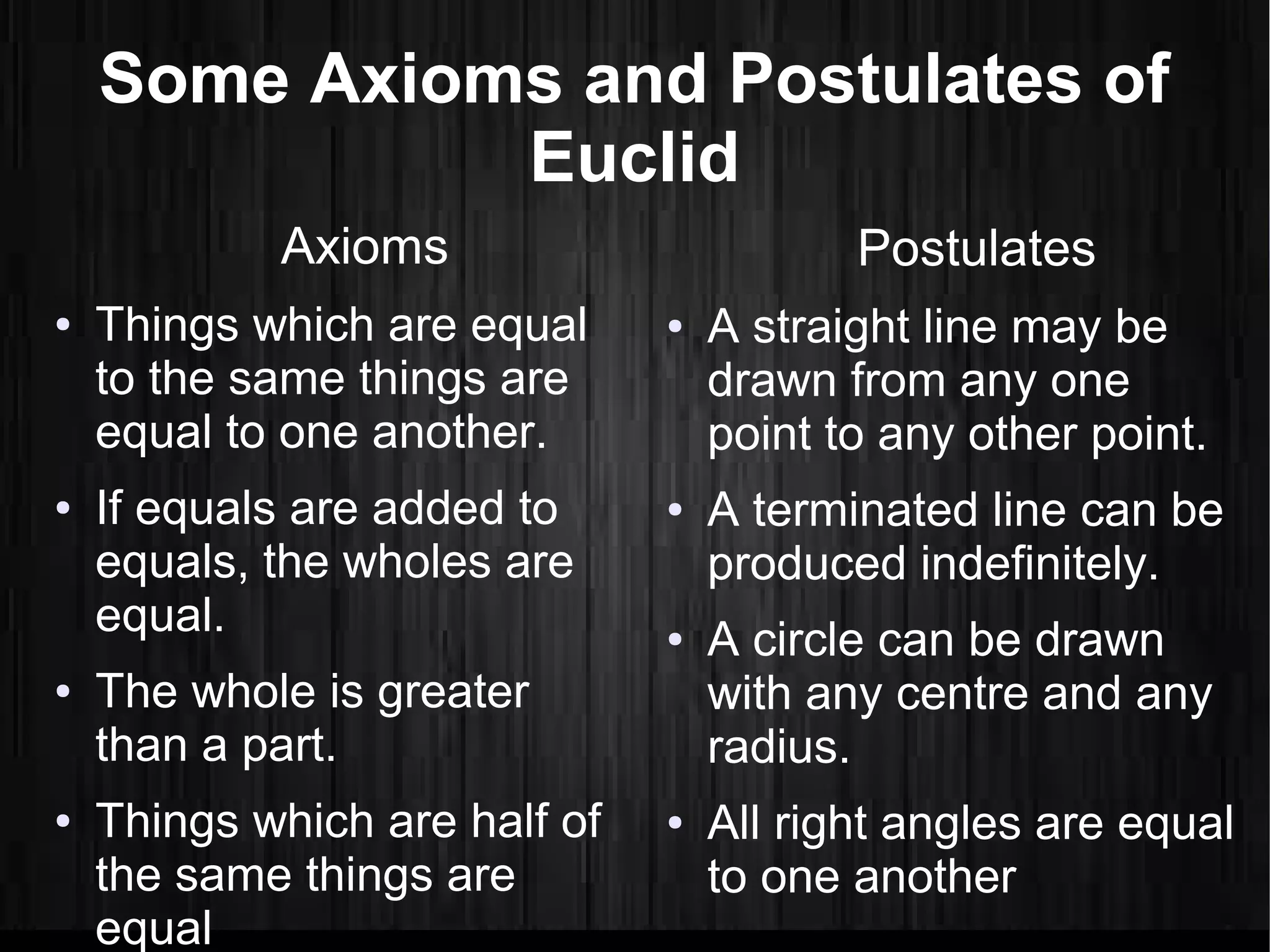 Some Axioms and Postulates of 
Euclid 
Axioms 
● Things which are equal 
to the same things are 
equal to one another. 
● If equals are added to 
equals, the wholes are 
equal. 
● The whole is greater 
than a part. 
● Things which are half of 
the same things are 
equal 
Postulates 
● A straight line may be 
drawn from any one 
point to any other point. 
● A terminated line can be 
produced indefinitely. 
● A circle can be drawn 
with any centre and any 
radius. 
● All right angles are equal 
to one another 
 
