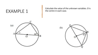 EXAMPLE 1
Calculate the value of the unknown variables. O is
the centre in each case.
 
