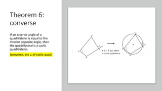 Theorem 6:
converse
If an exterior angle of a
quadrilateral is equal to the
interior opposite angle, then
the quadrilateral is a cyclic
quadrilateral.
(converse, ext ∠ of cyclic quad)
 
