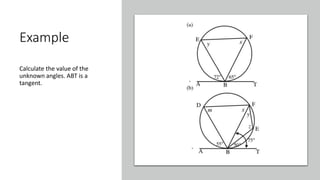 Example
Calculate the value of the
unknown angles. ABT is a
tangent.
 