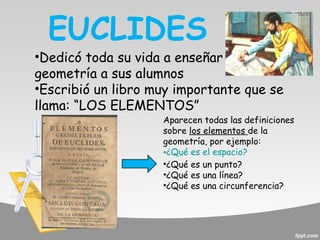 EUCLIDES

•Dedicó toda su vida a enseñar
geometría a sus alumnos
•Escribió un libro muy importante que se
llama: “LOS ELEMENTOS”

Aparecen todas las definiciones
sobre los elementos de la
geometría, por ejemplo:
•¿Qué es el espacio?
•¿Qué es un punto?
•¿Qué es una línea?
•¿Qué es una circunferencia?

 