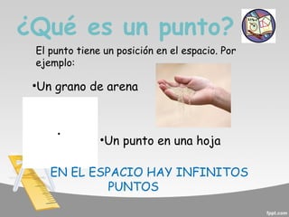 ¿Qué es un punto?
El punto tiene un posición en el espacio. Por
ejemplo:

•Un grano de arena

•Un punto en una hoja
EN EL ESPACIO HAY INFINITOS
PUNTOS

 