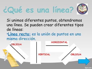 ¿Qué es una línea?
Si unimos diferentes puntos, obtendremos
una línea. Se pueden crear diferentes tipos
de líneas:
•Línea recta: es la unión de puntos en una
misma dirección.
HORIZONTAL

OBLICUA

VERTICAL

OBLICUA

 