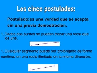 Los cinco postulados: Postulado:es una verdad que se acepta  sin una previa demostración. Dados dos puntos se pueden trazar una recta que los une. Cualquier segmento puede ser prolongado de forma  continua en una recta ilimitada en la misma dirección. 