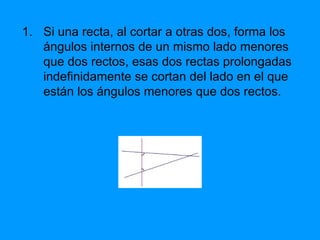 Si una recta, al cortar a otras dos, forma los ángulos internos de un mismo lado menores que dos rectos, esas dos rectas prolongadas indefinidamente se cortan del lado en el que están los ángulos menores que dos rectos. 