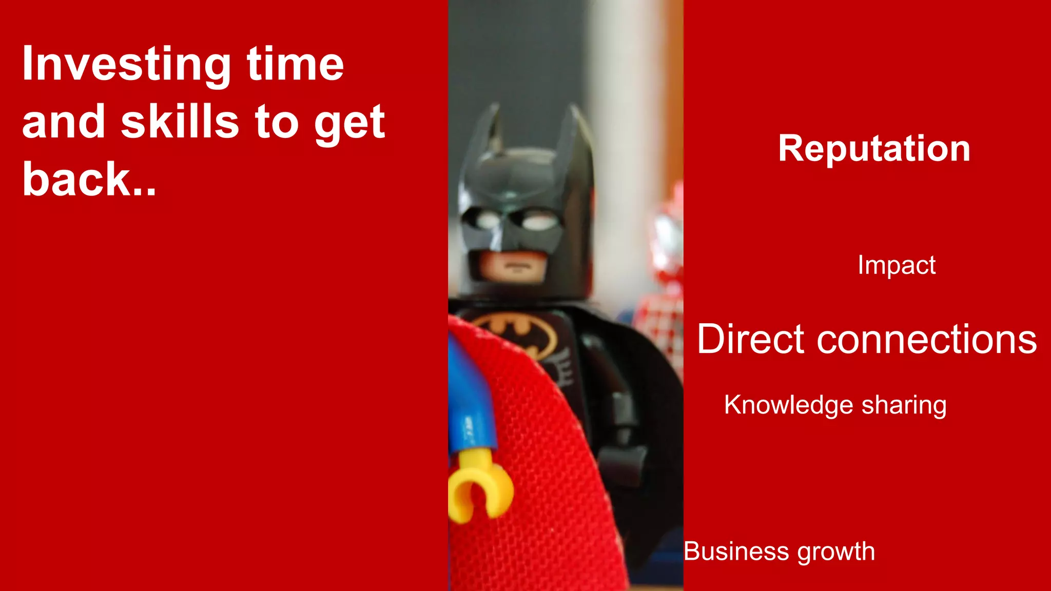 Investing time
and skills to get
back..

Reputation
Impact

Direct connections
Knowledge sharing

Business growth

 