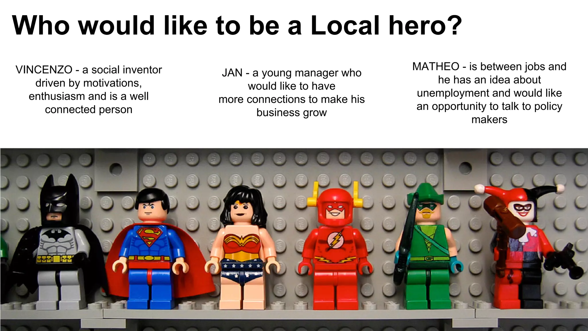 Who would like to be a Local hero?
VINCENZO - a social inventor
driven by motivations,
enthusiasm and is a well
connected person

JAN - a young manager who
would like to have
more connections to make his
business grow

MATHEO - is between jobs and
he has an idea about
unemployment and would like
an opportunity to talk to policy
makers

 