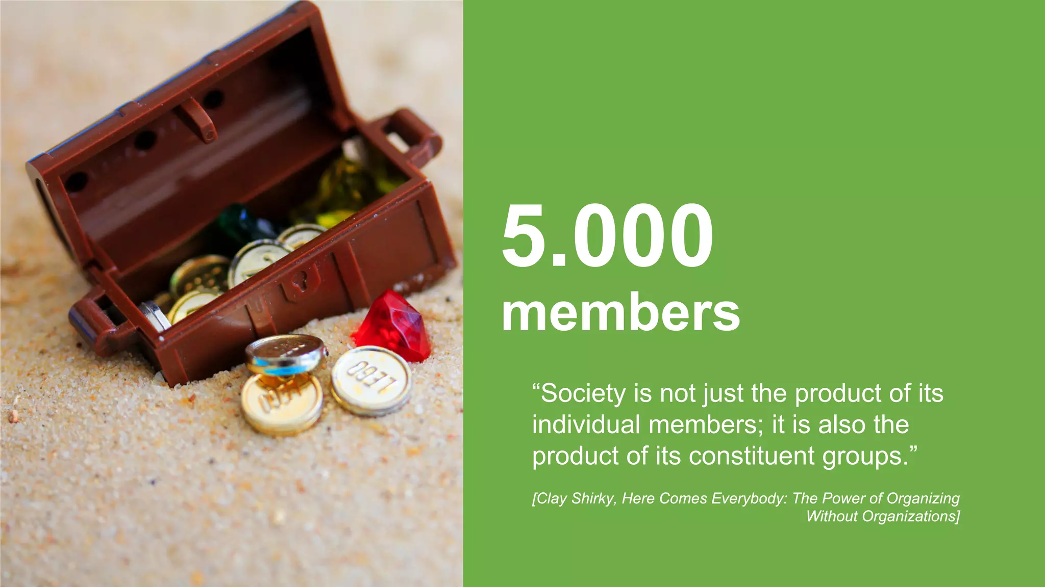 5.000
5.000
members?
“Society is not just the product of its
individual members; it is also the
product of its constituent groups.”
[Clay Shirky, Here Comes Everybody: The Power of Organizing
Without Organizations]

 