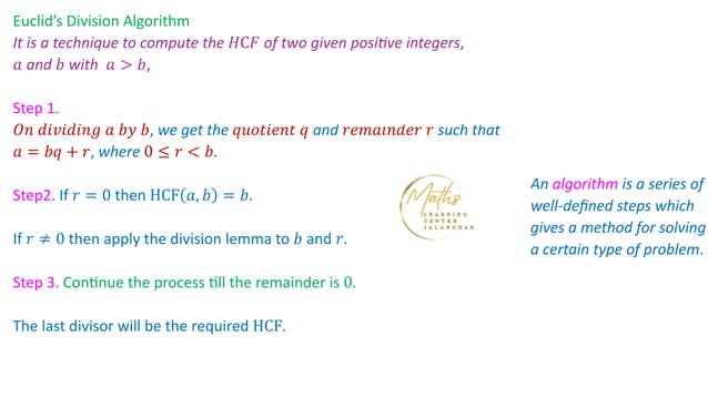 Euclid's Division algorithm (Number system) | PPT