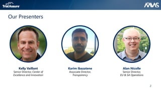 2
Our Presenters
Kelly Vaillant
Senior Director, Center of
Excellence and Innovation
Karim Ibazatene
Associate Director,
Transparency
Alan Nicolle
Senior Director,
EU & SA Operations
 