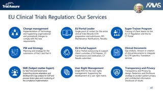 41
EU Clinical Trials Regulation: Our Services
SME (Subject matter Expert)
EU Task Forceand Governance
Supportingprocessadaptation and
development.Gap analysis for SOPand
process. Actionplans and monitoringof
the complianceimplementation
Transparency and Privacy
Transparency and Privacy by
design. Redaction and Disclosure
strategy to protect patient privacy
and confidential information.
Disclosure of results
User Right Management
Single POC for the User rights
management. Supporting the
development of a user right matrix.
Super Trainer Program
Training of Client teams on the
EU CT Regulation and the EU
CT Portal
EU Portal Leader
Single point of contact for the entire
clinical trials lifecycle (CTA
preparation and submission, RFI,
Maintenance, Notifications, Results)
Change management
Implementation of Technology
and Supporting organizational
and procedural changes to
comply with the new
requirements.
Clinical Documents
Gap analysis, revision or creation
of clinical documents to integrate
EU CTR specifics, Translation
services
EU Portal Support
Full or Partial outsourcing to support
Client’s activities (CTA Preparer, CT
maintenance and notification, CT
Results submitter)
PM and Strategy
Planning and strategy for the
submission of Part I and Part II.
 