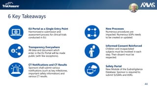 44
6 Key Takeaways
New Processes
Numerous procedures are
impacted. Numerous SOPs needs
to be created or updated.
Informed Consent Reinforced
Children and incapacitated
subjects must be involved in each
step. Their dissent must be
respected.
Safety Portal
New Module of the EudraVigilance
Database. Sponsor is required to
submit SUSARs and ASRs.
EU Portal as a Single Entry Point
Harmonized e-submission and
assessment process for clinical trials
conducted in EU.
Transparency Everywhere
All data and document which
enter in the EU Portal will be made
public (with few exceptions).
CT Notifications and CT Results
Sponsors shall submit various
notifications (such as key milestones,
important safety information) and
various CT results.
 
