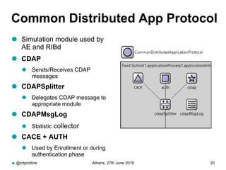 Common Distributed App Protocol
 Simulation module used by
AE and RIBd
 CDAP
 Sends/Receives CDAP
messages
 CDAPSplitter
 Delegates CDAP message to
appropriate module
 CDAPMsgLog
 Statistic collector
 CACE + AUTH
 Used by Enrollment or during
authentication phase
@ictpristine Athens, 27th June 2016 20
 