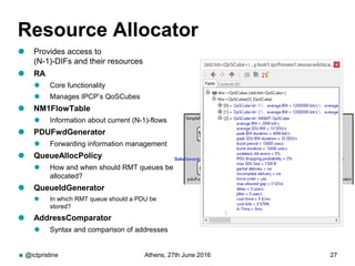 Resource Allocator
 Provides access to
(N-1)-DIFs and their resources
 RA
 Core functionality
 Manages IPCP’s QoSCubes
 NM1FlowTable
 Information about current (N-1)-flows
 PDUFwdGenerator
 Forwarding information management
 QueueAllocPolicy
 How and when should RMT queues be
allocated?
 QueueIdGenerator
 In which RMT queue should a PDU be
stored?
 AddressComparator
 Syntax and comparison of addresses
@ictpristine Athens, 27th June 2016 27
 