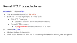 Kernel IPC Process factories
Different IPC Process types:
● The Northbound interface is the same
● Each IPC Process implements its “core” code:
● Shim IPC Processes:
● Each type provides a different implementation
● Normal IPC Processes:
● A programmable implementation for all of them
IPC Process factories:
● Abstract factory design pattern
● Used by IPC Processes modules to publish/unpublish their availability into the system
 