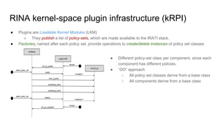 RINA kernel-space plugin infrastructure (kRPI)
● Plugins are Loadable Kernel Modules (LKM)
○ They publish a list of policy-sets, which are made available to the IRATI stack.
● Factories, named after each policy set, provide operations to create/delete instances of policy set classes
● Different policy-set class per component, since each
component has different policies.
● “OO” approach
○ All policy set classes derive from a base class
○ All components derive from a base class
 