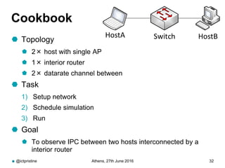 Cookbook
 Topology
 2× host with single AP
 1× interior router
 2× datarate channel between
 Task
1) Setup network
2)...