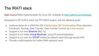 The IRATI stack
Open source RINA implementation for Linux OS, available at https://github.com/irati/stack.
Developed in 20...