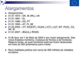 Alargamentos
   Alargamentos:
   01.01.1973 – DK, IE (IRL), UK
   01.01.1981 – EL
   01.01.1986 – ES, PT
   01.01.1995 – AT, FI, SE
   01.05.2004 – CY, EE(EST), HU(N), LV(T), L(I)T, MT, P(O)L, CZ,
    SK, SI
   01.01.2007 – BG(UL), RO(M)

   A UE teve, em 1 de Maio de 2004 o seu maior alargamento. Dez
    novos Estados-membros, mudança de frentes e de fronteiras.
    Nalguns locais, as suas fronteiras externas foram deslocadas
    em mais de 500 quilómetros para o leste.

   Nova realidade política com cerca de 480 milhões de cidadãos
    europeus.
 