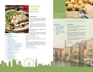 Vegetable
                                                              Lasagna
                                                              (British)
                                                                                                         Very easy and tasty with
                                                                                                         a variety of sauces, in-




                                                                                                                                       Cyclonebill
                                                                                                         cluding tomato sauce
                                                              Instructions
                                                                                                         and pesto sauce.
                                                              Heat oil in a saucepan, fry onion and
                                                              garlic until softened. Add peppers and
                                                              zucchini, and continue to fry for 3
                                                              minutes.                                                                               Gnocchi (Italian)
                                                              Stir in stock, tomatoes, tomato purée,
                                                                                                         Ingredients                                 Instructions
                                                              wine, basil, and seasoning to make
                                                              vegetable sauce. Simmer for 20 min-        •	   4½ pounds (2 kg) 	            	 Boil the potatoes in salted water. Cool, peel,
                                                              utes.                                      	    mashing potatoes 	            	 and mash potatoes by hand.
                                                                                                         	    (Italian, if possible)
                                                              Make lasagna sauce according to pack-                                           Weigh the mashed potatoes and measure an
                                                                                                         •	   Amount of all-		              	
                                                              et instructions.                                                                equal amount of flour.
Len Rizzi




                                                                                                         	    purpose flour equal 	         	
                                                              Layer half the vegetable sauce, half the   	    in weight to mashed 	         	 Mix the mashed potatoes with the flour to
                                                              lasagna sheets and half the béchamel       	    potatoes                        form dough. Roll the dough into strips of
            Ingredients                              sauce and then repeat.                              •	   Salt                            approximately ½ inch wide, and divide into
            •	   2 tablespoons olive oil                                                                                                      one-inch pieces of gnocchi.
                                                     Sprinkle with parmesan cheese.
            •	   1 red onion                                                                                                                         Boil the gnocchi for 10 minutes and drain.  
            •	   2 cloves garlic                     Bake in a pre-heated oven at 350° F for 30 min-                                                 Top with your favorite sauce.
            •	   2 sweet peppers,                    utes.
            	    seeded and chopped                                                                                                                  Serves five.
            •	   4 zucchini, sliced                  The lasagna can be prepared the day before (up
            •	   1 vegetable stock cube, dissolved   to the last step) and then popped in the oven the                                               Silvia Kofler
            	     in 5 fluid ounces boiling water    day you want to have it. The flavors of the veg-
            •	   1 can (8 ounces) chopped tomatoes   etables are even better.
            •	   2 tablespoons tomato purée          Emma Burnaby-Atkins
            •	   4 tablespoons red wine
            •	   2 tablespoons chopped basil
            •	   black pepper
            •	   1 packet lasagna sauce
            	    (béchamel sauce)
            •	   2½ cups milk
            •	   6 sheets pre-cooked
            	    lasagna noodles
            •	   1 ounce parmesan
            	    cheese (or more to taste)




                                                                                                                                                                                                25
 