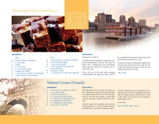 Mississippi	Mud	(American)                                                 A deliciously decadent
                                                                                        Southern treat, a single
                                                                                        recipe makes more than
                                                                                        enough to share with
                                                                                        friends and family. Wrap
                                                                                        pieces in wax paper and
                                                                                        place them in a festive tin
                                                                                        for a perfect holiday gift.
Stacy Hope




             Ingredients                                                                                     Instructions
             	    Cake                                      	    Icing                                       Preheat	oven	to	300º	F.	                                  for	an	additional	10	minutes.	Remove	the	cake	
                                                            •	 2	sticks	butter	or	margarine	(melted)                                                                   from	the	oven	and	allow	it	to	cool.
             •	   2	sticks	butter	or	margarine                                                               Combine	all	cake	ingredients,	except	the	min-
             •	   2	cups	sugar                              •	 1	box	powdered	sugar                          iature	 marshmallows,	 and	 mix	 well.	 Pour	 the	        Prepare	the	icing	by	combining	all	ingredients,	
             •	   4	eggs                                    •	 1 3	cup	cocoa	powder                          batter	 into	 a	 well-greased	 and	 well-floured	
                                                                                                                                                         	             stirring	until	smooth.	Pour	the	icing	over	the	
             •	   1	1 2	cups	flour
                              	                             •	 1 4	cup	canned	evaporated	milk	               sheet	 cake	 pan.	 Bake	 for	 30	 minutes	 and	 re-       cooled	cake;	allow	the	icing	to	set	and	cut	into	
             •	   1 3	cup	cocoa	powder                      	  (not	condensed!)                              move	from	oven.	                                          small	squares	before	serving.	
             •	   2	teaspoons	vanilla                       •	 1	teaspoon	vanilla
                                                            •	 1	cup	pecans	or	similar	nuts	(optional)       Cover	 the	 top	 of	 the	 cake	 with	 miniature	          Stacy Hope
             •	   1	cup	pecans	or	similar	nuts	(optional)
                                                                                                             marshmallows	and	continue	to	bake	at	350º	F	
             •	   1	bag	miniature	marshmallows



                                                            Walnut	Cream	(French)
                                                            Ingredients                                      Instructions
                                                            •	   4	ounces	(120	g)	walnuts,	crushed           Melt	 the	 butter,	 but	 do	 not	 let	 it	 become	 too	   Cool	the	walnut	mix	in	the	refrigerator	for	at	
                                                            •	   1 3	cup	(80	g)	sugar                        hot.	Add	the	flour	and	stir	well	until	the	flour	
                                                                                                                             	                                	        least	one	hour.	Whip	the	whipping	cream	and	
                                                            •	   ½	teaspoon	cinnamon                         is	completely	absorbed.	Pour	in	the	cold	milk,	           add	the	whipped	cream	and	the	heavy	cream	
                                                            •	   1	2 3	cups	(40	cl)	heavy	cream              and	 stir	 until	 the	 mix	 reaches	 a	 gentle	 boil;	    to	 the	 walnut	 mix.	 Return	 to	 the	 refrigerator	
                                                            •	   1	2 3	cups	(40	cl)	whipping	cream           continue	stirring	at	a	gentle	boil	for	two	min-           until	ready	to	serve.
                                                            •	   3	½	tablespoons	(50	g)	flour
                                                                                           	                 utes.	
                                                            •	   3	½	tablespoons	(50	g)	butter                                                                         Serves	four.
                                                                                                             Add	 the	 sugar	 and	 cinnamon	 and	 continue	
                                                            •	   2	cups	(50	cl)	cold	milk                                                                              Marie Claude Volay-Larsen
                                                                                                             boiling	 gently	 for	 3	 more	 minutes.	 Remove	
                                                                                                             from	the	burner	and	add	the	walnut	powder.



             30
 