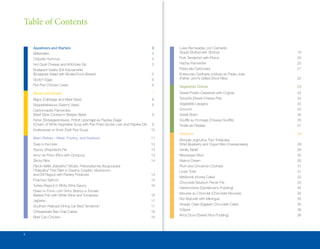 Table	of	Contents

    Appetizers and Starters                                                      3    Lulas Recheadas com Camarão
    Bitterballen                                                                 4    (Squid Stuffed with Shrimp)                    19
    Chipotle Hummus                                                              4    Pork Tenderloin with Plums                     20
    Hot Goat Cheese and Artichoke Dip                                            5    Hachis Parmentier                              20
    Budapest Saláta Sült Kacsamellel                                                  Pasta alla Carbonara                           21
    (Budapest Salad with Broiled Duck Breast)                                    5    Entrecosto Grelhado à Moda do Padre João
    Scotch Eggs                                                                  6    (Father John’s Grilled Short Ribs)             22
    Peri-Peri Chicken Livers                                                     6    Vegetarian Dishes                              23
    Stews and Soups                                                              7    Sweet Potato Casserole with Cognac             24
    Bigos (Cabbage and Meat Stew)                                                8    Tyropitta (Greek Cheese Pie)                   24
    Skipperlabskovs (Sailor’s Stew)                                              8    Vegetable Lasagna                              25
    Carbonnades Flamandes                                                             Gnocchi                                        25
    (Beef Stew Cooked in Belgian Beer)                                           9    Greek Briam                                    26
    Fehér Zöldségkrémleves, Pirított Libamájjal és Paprika Olajjal                    Soufflé au Fromage (Cheese Soufflé)            26
    (Cream of White Vegetable Soup with Pan-Fried Goose Liver and Paprika Oil)   9    Tortilla de Patatas                            27
    Erwtensoep or Snert (Split Pea Soup)                                         10
                                                                                      Desserts                                       28
    Main Dishes – Meat, Poultry, and Seafood                                     11
                                                                                      Áfonyás Joghurtos Túró Tortácska
    Toad in the Hole                                                             12   (Wild Blueberry and Yogurt Mini-Cheesecakes)   29
    Savory Shepherd’s Pie                                                        13   Vanilla Tablet                                 29
    Arroz de Polvo (Rice with Octopus)                                           13   Mississippi Mud                                30
    Sticky Ribs                                                                  14   Walnut Cream                                   30
    Párolt Halfilé „Kárpáthy” Módra, Petrezselymes Burgonyával                        Plum and Cinnamon Crumble                      31
    (“Kárpáthy” Fish Fillet in Creamy Crayfish, Mushroom,                             Linzer Torte                                   31
    and Dill Ragout with Parsley Potatoes)                                       14
                                                                                      Medovník (Honey Cake)                          32
    Poached Salmon                                                               15
                                                                                      Chocolate Bourbon Pecan Pie                    33
    Turkey Ragout in White Wine Sauce                                            16
                                                                                      Herrencreme (Gentleman’s Pudding)              34
    Peixe no Forno com Vinho Branco e Tomate
                                                                                      Mousse au Chocolat (Chocolate Mousse)          34
    (Baked Fish with White Wine and Tomatoes)                                    16
                                                                                      Nut Mazurek with Meringue                      35
    Jajówka                                                                      17
                                                                                      Vinegar Cake (Eggless Chocolate Cake)          35
    Southern Railroad Dining Car Beef Tenderloin                                 17
                                                                                      Crêpes                                         36
    Chesapeake Bay Crab Cakes                                                    18
                                                                                      Arroz Doce (Sweet Rice Pudding)                36
    Beer Can Chicken                                                             18



2
 
