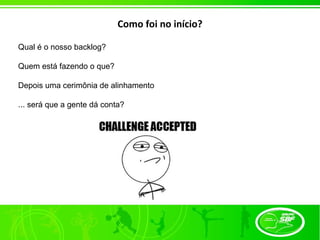 Como foi no início?

Qual é o nosso backlog?

Quem está fazendo o que?

Depois uma cerimônia de alinhamento

... será que a gente dá conta?
 