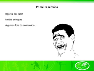 Primeira semana

Isso vai ser fácil!

Muitas entregas

Algumas fora do combinado...
 