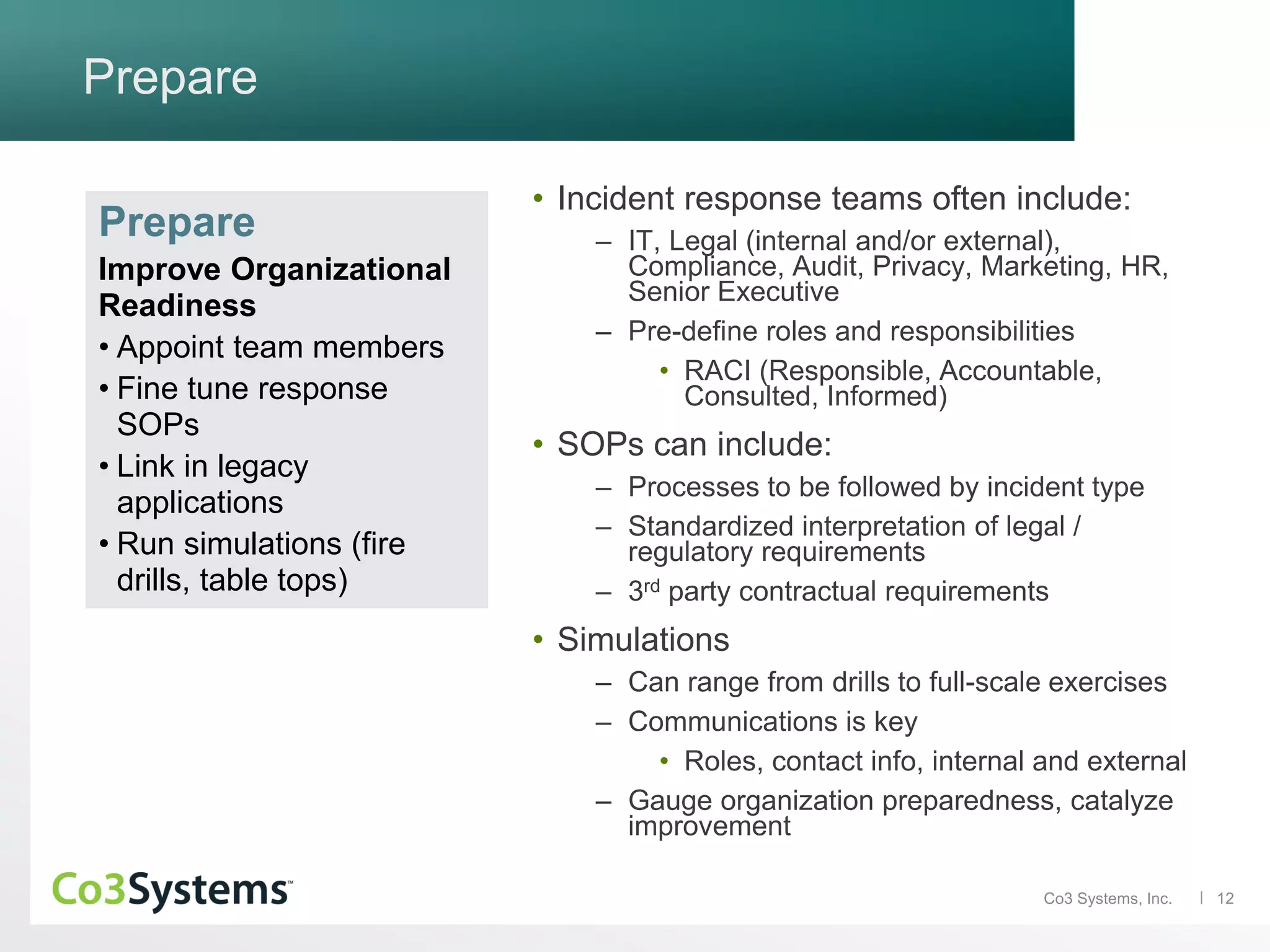12Co3 Systems, Inc.
Prepare
• Incident response teams often include:
– IT, Legal (internal and/or external),
Compliance, Audit, Privacy, Marketing, HR,
Senior Executive
– Pre-define roles and responsibilities
• RACI (Responsible, Accountable,
Consulted, Informed)
• SOPs can include:
– Processes to be followed by incident type
– Standardized interpretation of legal /
regulatory requirements
– 3rd party contractual requirements
• Simulations
– Can range from drills to full-scale exercises
– Communications is key
• Roles, contact info, internal and external
– Gauge organization preparedness, catalyze
improvement
Prepare
Improve Organizational
Readiness
• Appoint team members
• Fine tune response
SOPs
• Link in legacy
applications
• Run simulations (fire
drills, table tops)
 