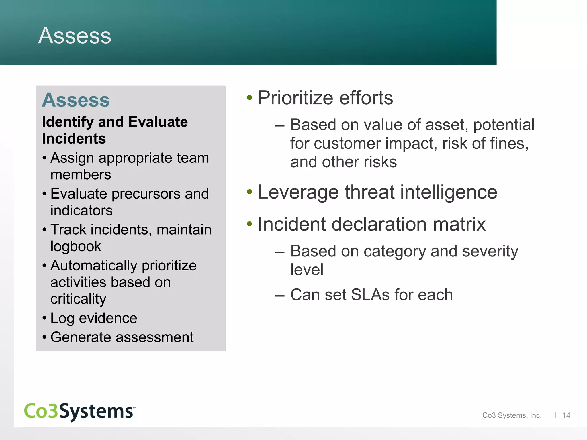 14Co3 Systems, Inc.
Assess
• Prioritize efforts
– Based on value of asset, potential
for customer impact, risk of fines,
and other risks
• Leverage threat intelligence
• Incident declaration matrix
– Based on category and severity
level
– Can set SLAs for each
Assess
Identify and Evaluate
Incidents
• Assign appropriate team
members
• Evaluate precursors and
indicators
• Track incidents, maintain
logbook
• Automatically prioritize
activities based on
criticality
• Log evidence
• Generate assessment
 