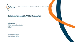 https://aarc-project.eu
Authentication	and	Authorisation	for	Research	and	Collaboration
Licia	Florio	
EUDAT	Conference
Building	Interoperable	AAI	For	Researchers
25	Jan	2018,	Porto
AARC	Project	Coordinator	
GÉANT
 