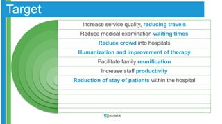 Target 
Increase service quality, reducing travels 
Reduce medical examination waiting times 
Reduce crowd into hospitals 
Humanization and improvement of therapy 
Facilitate family reunification 
Increase staff productivity 
Reduction of stay of patients within the hospital 
 