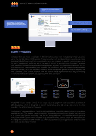 Faceted search via location, time
period of research, publication year,
and filtering and sorting textual facets,
etc.
Search Results with search criteria
Free text, key-value and combined
search
Each result opens up to show the
metadata and how to access them
Metadata that are made searchable in B2FIND are harvested from metadata providers, such as
using the standard OAI-PMH interface. The community itself decides which metadata are made
available to EUDAT and how their metadata elements are mapped to specific metadata elements
for being represented as facets within the search portal. A sophisticated framework ensures
that metadata from various providers are harvested regularly to display complete and up-to-
date information. This framework also provides the translation from the community´s metadata
elements to the EUDAT Core Metadata Schema, which is based on generic schemas like DataCite
and OpenAire. Close communication with the community´s representatives is key for making
research data findable and thus supporting FAIR data principles.
The B2FIND service can be utilised in two ways: (1) via a graphical, web-based tool, available at
b2find.eudat.eu, which is designed to be self-explanatory, and (2) using a command line tool
based on the API interface to the portal.
The following two prerequisites must be fulfilled in order to publish and make your metadata
visible in B2FIND: (1) a service for providing and transferring the metadata, and (2) the definition
of a community specific mapping. The B2FIND entry page lists all communities that provide
metadata under ‘Communities’. In order to publish metadata, please follow the “Guidelines for
Providing Metadata for EUDAT-B2FIND” (v), where supported harvesting protocols and metadata
schemas are described in detail.
How it works
Detailed Metadata
Services for Research Data Management
16
 