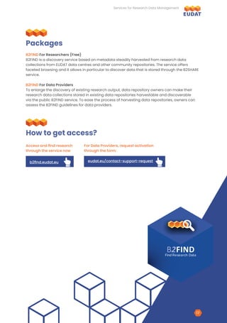 B2FIND For Researchers (Free)
B2FIND is a discovery service based on metadata steadily harvested from research data
collections from EUDAT data centres and other community repositories. The service offers
faceted browsing and it allows in particular to discover data that is stored through the B2SHARE
service.
B2FIND For Data Providers
To enlarge the discovery of existing research output, data repository owners can make their
research data collections stored in existing data repositories harvestable and discoverable
via the public B2FIND service. To ease the process of harvesting data repositories, owners can
assess the B2FIND guidelines for data providers.
How to get access?
Access and find research
through the service now
For Data Providers, request activation
through the form:
b2find.eudat.eu eudat.eu/contact-support-request
HAND-POINT-UP HAND-POINT-UP
Packages
B2FIND
Find Research Data
Services for Research Data Management
17
 