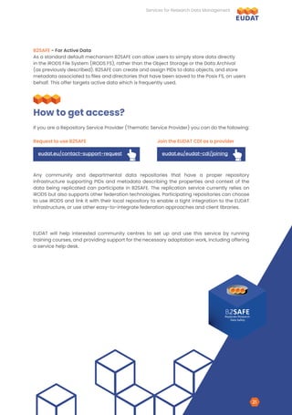 B2SAFE
Replicate Research
Data Safely
If you are a Repository Service Provider (Thematic Service Provider) you can do the following:
Any community and departmental data repositories that have a proper repository
infrastructure supporting PIDs and metadata describing the properties and context of the
data being replicated can participate in B2SAFE. The replication service currently relies on
iRODS but also supports other federation technologies. Participating repositories can choose
to use iRODS and link it with their local repository to enable a tight integration to the EUDAT
infrastructure, or use other easy-to-integrate federation approaches and client libraries.
EUDAT will help interested community centres to set up and use this service by running
training courses, and providing support for the necessary adaptation work, including offering
a service help desk.
How to get access?
Request to use B2SAFE Join the EUDAT CDI as a provider
eudat.eu/contact-support-request eudat.eu/eudat-cdi/joining
HAND-POINT-UP HAND-POINT-UP
B2SAFE - For Active Data
As a standard default mechanism B2SAFE can allow users to simply store data directly
in the iRODS File System (iRODS FS), rather than the Object Storage or the Data Archival
(as previously described). B2SAFE can create and assign PIDs to data objects, and store
metadata associated to files and directories that have been saved to the Posix FS, on users
behalf. This offer targets active data which is frequently used.
Services for Research Data Management
21
 