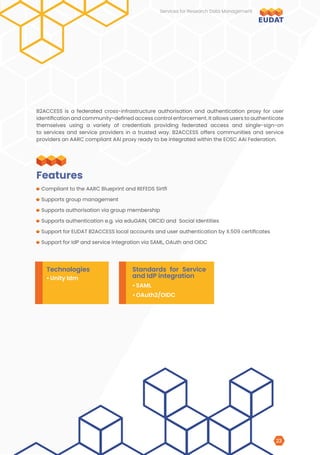 B2ACCESS is a federated cross-infrastructure authorisation and authentication proxy for user
identification and community-defined access control enforcement. It allows users to authenticate
themselves using a variety of credentials providing federated access and single-sign-on
to services and service providers in a trusted way. B2ACCESS offers communities and service
providers an AARC compliant AAI proxy ready to be integrated within the EOSC AAI Federation.
Compliant to the AARC Blueprint and REFEDS Sirtfi
Supports group management
Supports authorisation via group membership
Supports authentication e.g. via eduGAIN, ORCID and Social Identities
Support for EUDAT B2ACCESS local accounts and user authentication by X.509 certificates
Support for IdP and service integration via SAML, OAuth and OIDC
Features
Technologies Standards for Service
and IdP integration
•	Unity Idm
•	SAML
•	OAuth2/OIDC
Services for Research Data Management
23
 