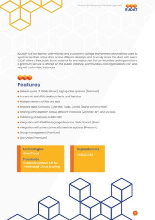 B2DROP is a low-barrier, user-friendly and trustworthy storage environment which allows users to
synchronise their active data across different desktops and to easily share this data with peers.
EUDAT offers a free public basic instance for any researcher. For communities and organisations
a premium service is offered on the public instance. Communities and organisations can also
request customised instances
Default quota of 20GBs (Basic), high quotas optional (Premium)
Access via Web GUI, desktop clients and Webdav
Multiple versions of files are kept
Enabled apps: Contacts, Calendar, Tasks, Circles (social communities)
Sharing within B2DROP, across different instances (via OCM-API) and via links
Publishing of datasets to B2SHARE
Integration with CLARIN Language Resource Switchboard (Basic)
Integration with other community services optional (Premium)
Group management (Premium)
OnlyOffice (Premium)
Features
Technologies
Standards
Dependencies
•	NextCloud
•	OpenCloudMesh API for
Federated Cloud Sharing
•	B2ACCESS
Services for Research Data Management
7
 