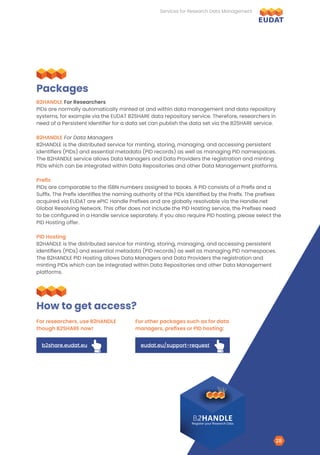 B2HANDLE For Researchers
PIDs are normally automatically minted at and within data management and data repository
systems, for example via the EUDAT B2SHARE data repository service. Therefore, researchers in
need of a Persistent Identifier for a data set can publish the data set via the B2SHARE service.
B2HANDLE For Data Managers
B2HANDLE is the distributed service for minting, storing, managing, and accessing persistent
identifiers (PIDs) and essential metadata (PID records) as well as managing PID namespaces.
The B2HANDLE service allows Data Managers and Data Providers the registration and minting
PIDs which can be integrated within Data Repositories and other Data Management platforms.
Prefix
PIDs are comparable to the ISBN numbers assigned to books. A PID consists of a Prefix and a
Suffix. The Prefix identifies the naming authority of the PIDs identified by the Prefix. The prefixes
acquired via EUDAT are ePIC Handle Prefixes and are globally resolvable via the Handle.net
Global Resolving Network. This offer does not include the PID Hosting service, the Prefixes need
to be configured in a Handle service separately. If you also require PID hosting, please select the
PID Hosting offer.
PID Hosting
B2HANDLE is the distributed service for minting, storing, managing, and accessing persistent
identifiers (PIDs) and essential metadata (PID records) as well as managing PID namespaces.
The B2HANDLE PID Hosting allows Data Managers and Data Providers the registration and
minting PIDs which can be integrated within Data Repositories and other Data Management
platforms.
Packages
How to get access?
For researchers, use B2HANDLE
though B2SHARE now!
For other packages such as for data
managers, prefixes or PID hosting:
b2share.eudat.eu eudat.eu/support-request
HAND-POINT-UP HAND-POINT-UP
B2HANDLE
Register your Research Data
Services for Research Data Management
28
 