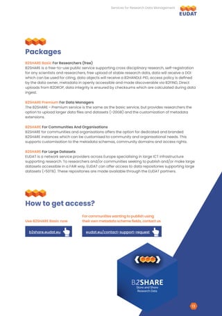 B2SHARE Basic For Researchers (free)
B2SHARE is a free-to-use public service supporting cross disciplinary research, self-registration
for any scientists and researchers, free upload of stable research data, data will receive a DOI
which can be used for citing, data objects will receive a B2HANDLE PID, access policy is defined
by the data owner, metadata in openly accessible and made discoverable via B2FIND, Direct
uploads from B2DROP, data integrity is ensured by checksums which are calculated during data
ingest.
B2SHARE Premium For Data Managers
The B2SHARE - Premium service is the same as the basic service, but provides researchers the
option to upload larger data files and datasets (>20GB) and the customization of metadata
extensions.
B2SHARE For Communities And Organisations
B2SHARE for communities and organisations offers the option for dedicated and branded
B2SHARE instances which can be customised to community and organisational needs. This
supports customisation to the metadata schemas, community domains and access rights.
B2SHARE For Large Datasets
EUDAT is a network service providers across Europe specialising in large ICT infrastructure
supporting research. To researchers and/or communities seeking to publish and/or make large
datasets accessible in a FAIR way, EUDAT can offer access to data repositories supporting large
datasets (>50TB). These repositories are made available through the EUDAT partners.
Packages
How to get access?
Use B2SHARE Basic now
For communities wanting to publish using
their own metadata scheme fields, contact us
b2share.eudat.eu eudat.eu/contact-support-request
HAND-POINT-UP HAND-POINT-UP
B2SHARE
Store and Share
Research Data
Services for Research Data Management
13
 