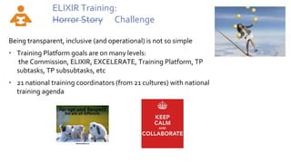 ELIXIR Training:
Horror Story Challenge
Being transparent, inclusive (and operational) is not so simple
• Training Platform goals are on many levels:
the Commission, ELIXIR, EXCELERATE, Training Platform, TP
subtasks, TP subsubtasks, etc
• 21 national training coordinators (from 21 cultures) with national
training agenda
 