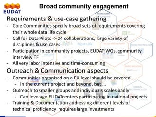 Broad community engagement
Requirements & use-case gathering
- Core Communities specify broad sets of requirements covering
their whole data life cycle
- Call for Data Pilots -> 24 collaborations, large variety of
disciplines & use cases
- Participation in community projects, EUDAT WGs, community
interview TF
- All very labor intensive and time-consuming
Outreach & Communication aspects
- Communities organised on a EU level should be covered
- In the current project and beyond, but …
- Outreach to smaller groups and individuals scales badly
- Can leverage EUDATcenters participating in national projects
- Training & Documentation addressing different levels of
technical proficiency requires large investments
 