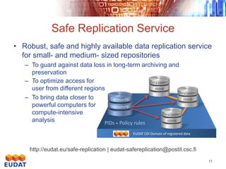 Safe Replication Service
• Robust, safe and highly available data replication service
for small- and medium- sized repositories
– To guard against data loss in long-term archiving and
preservation
– To optimize access for
user from different regions
– To bring data closer to
powerful computers for
compute-intensive
analysis
PIDs • Policy rules
EUDAT CDI Domain of registered data

http://eudat.eu/safe-replication | eudat-safereplication@postit.csc.fi
11

 